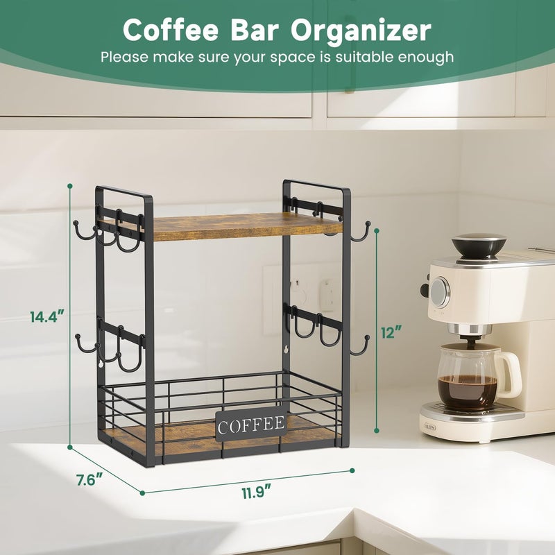 EsLuker.ly Coffee Mug Cup Holder Tree Bar Station Organizer, 2 Tier Mug Stand Rack for Countertop Kitchen, Storage Tower Display Shelf with 12 Hooks, Coffee Nook Enhancer - Image 2